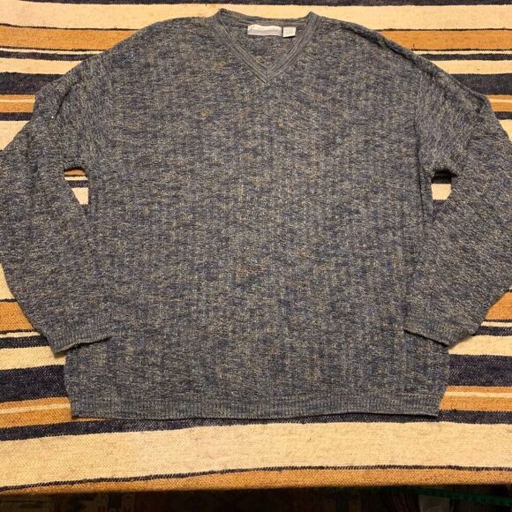 Fieldmaster VTG Blue Marled Cotton‎ Blend V-Neck Sweater Large Grandpa Oversized